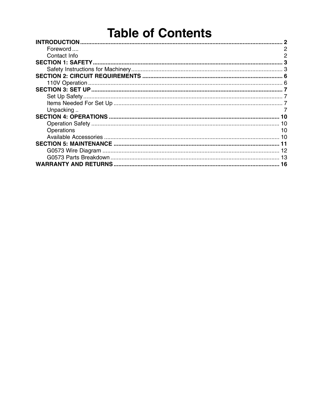 Grizzly G0573 instruction manual Table of Contents 