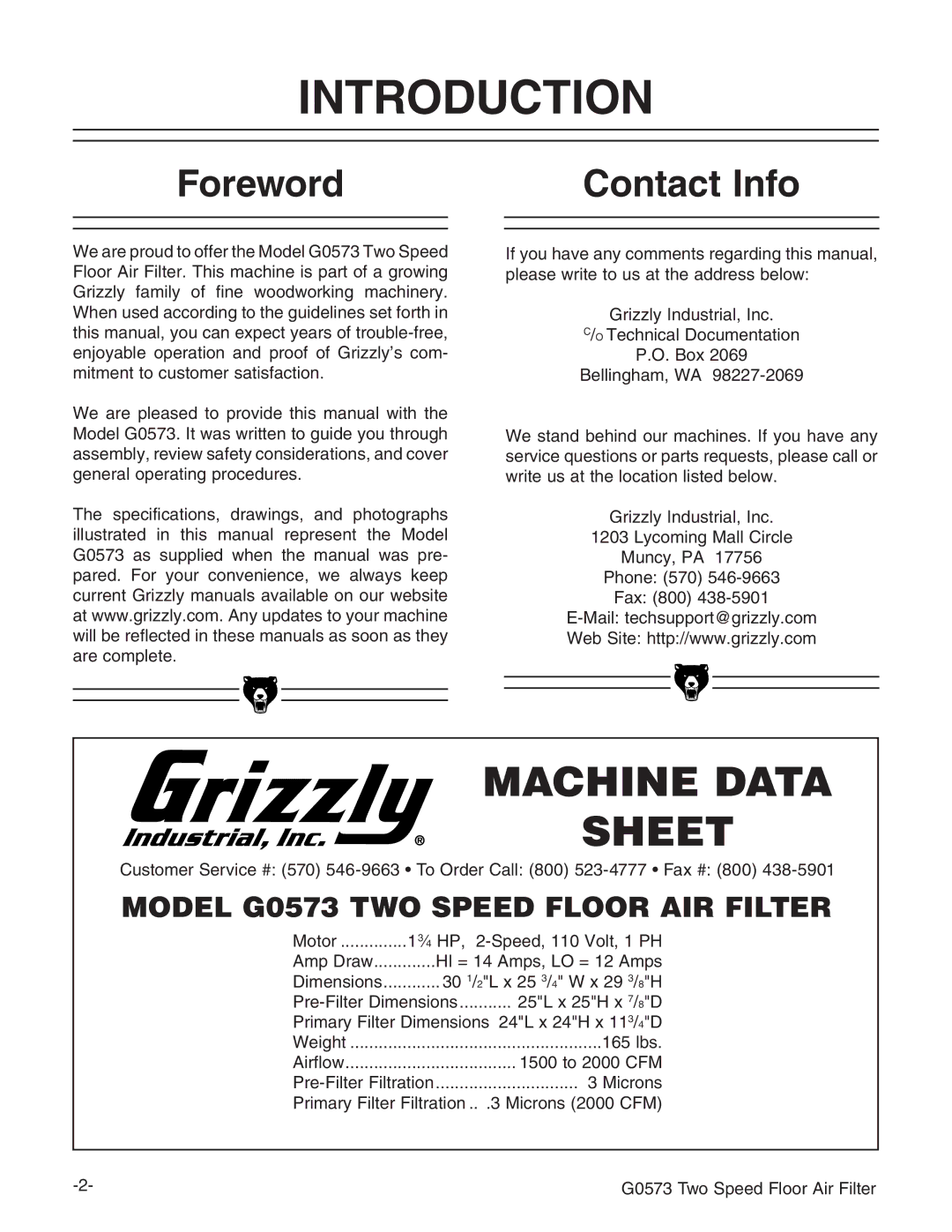 Grizzly G0573 instruction manual Introduction, Foreword, Contact Info 