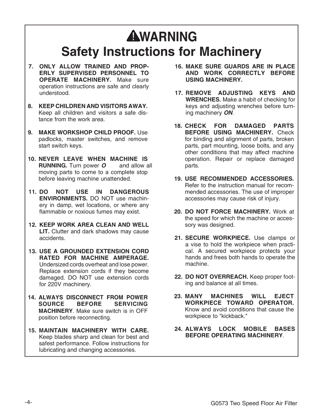 Grizzly G0573 instruction manual Always Lock Mobile Bases Before Operating Machinery 