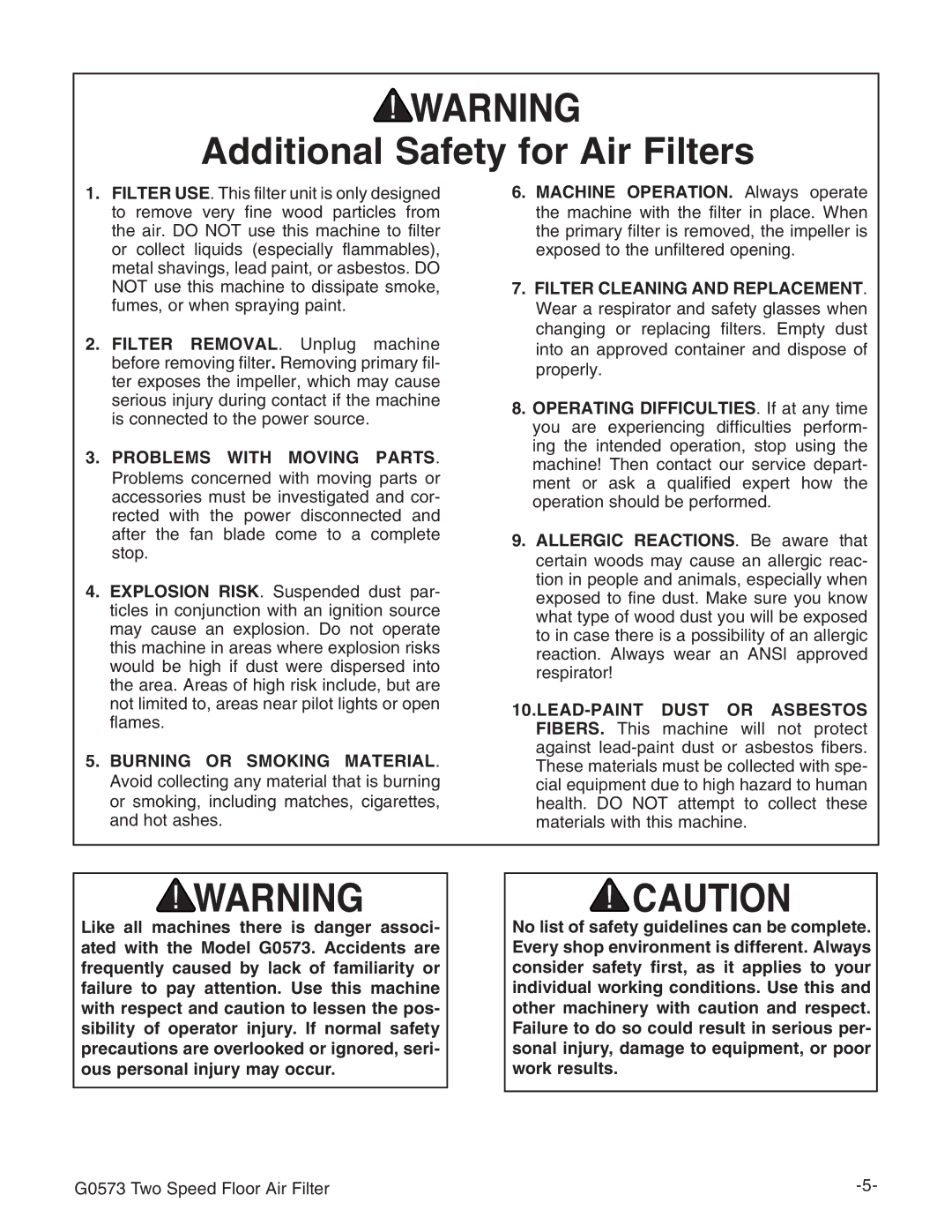 Grizzly G0573 instruction manual Additional Safety for Air Filters, Machine OPERATION. Always operate 