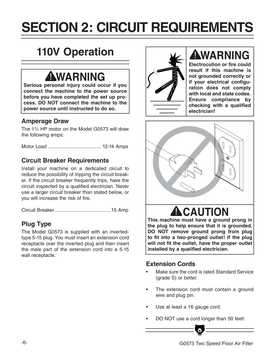 Grizzly G0573 instruction manual Circuit Requirements, 110V Operation 