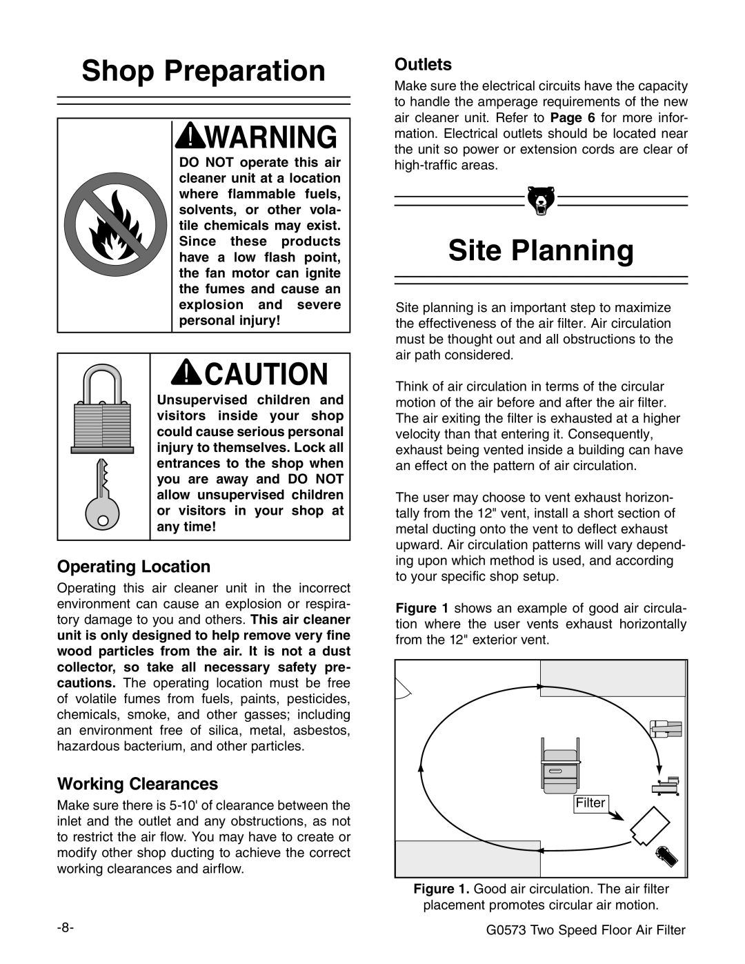 Grizzly G0573 instruction manual Shop Preparation, Site Planning, Operating Location, Working Clearances, Outlets 