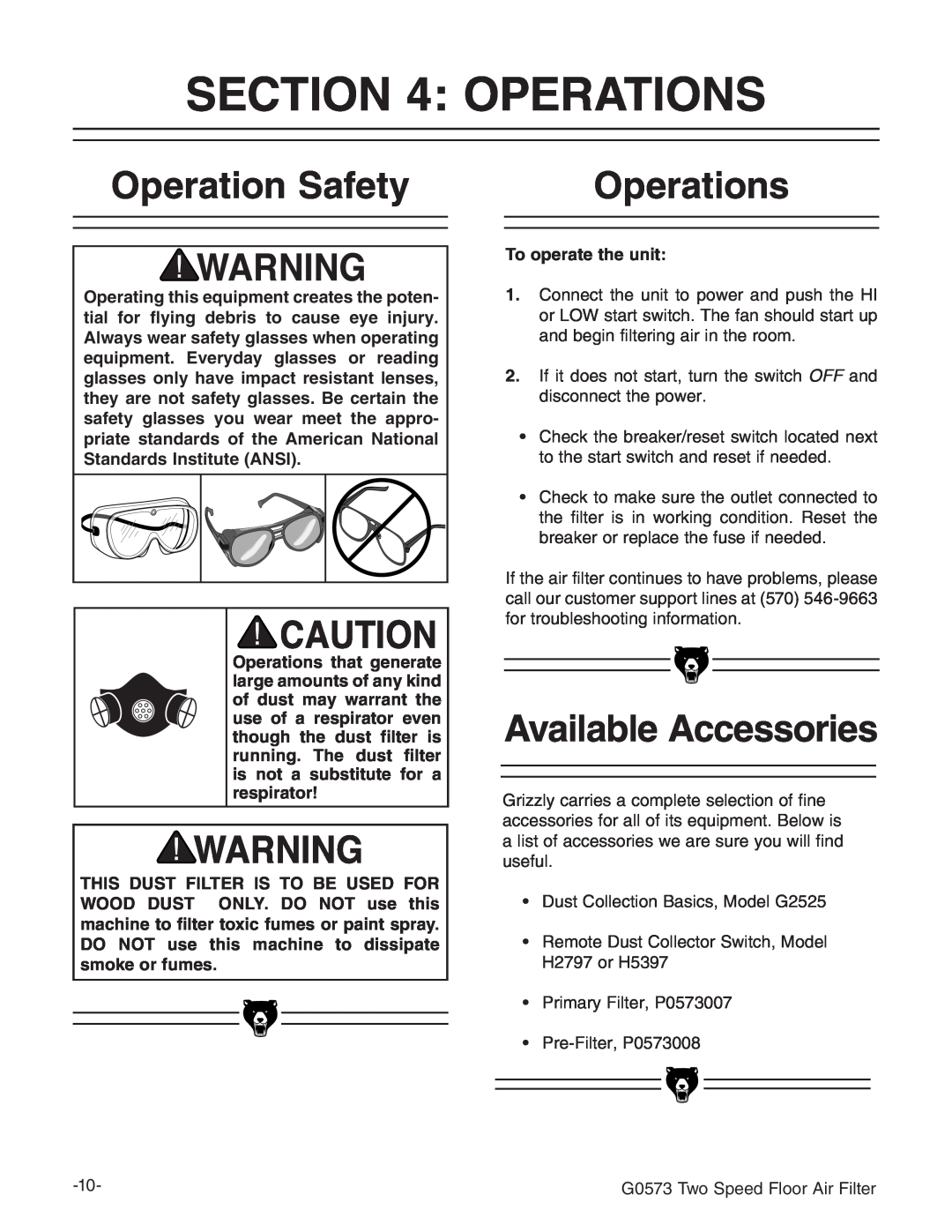 Grizzly G0573 instruction manual Operations, Operation Safety, Available Accessories 