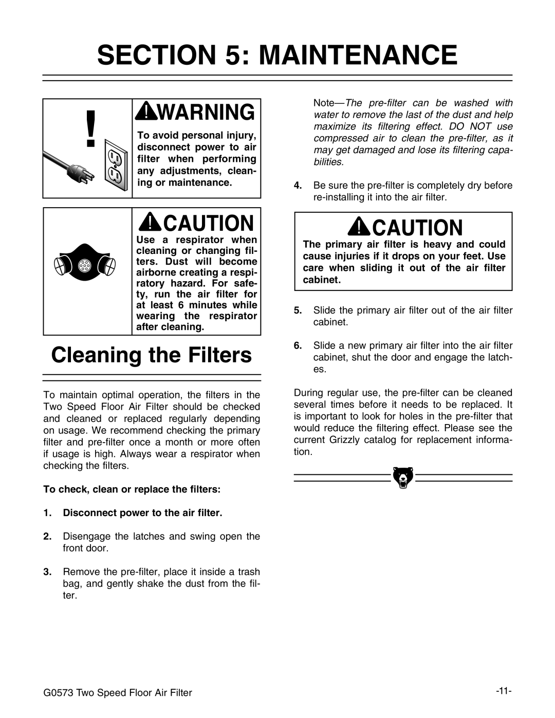 Grizzly G0573 instruction manual Maintenance, Cleaning the Filters 