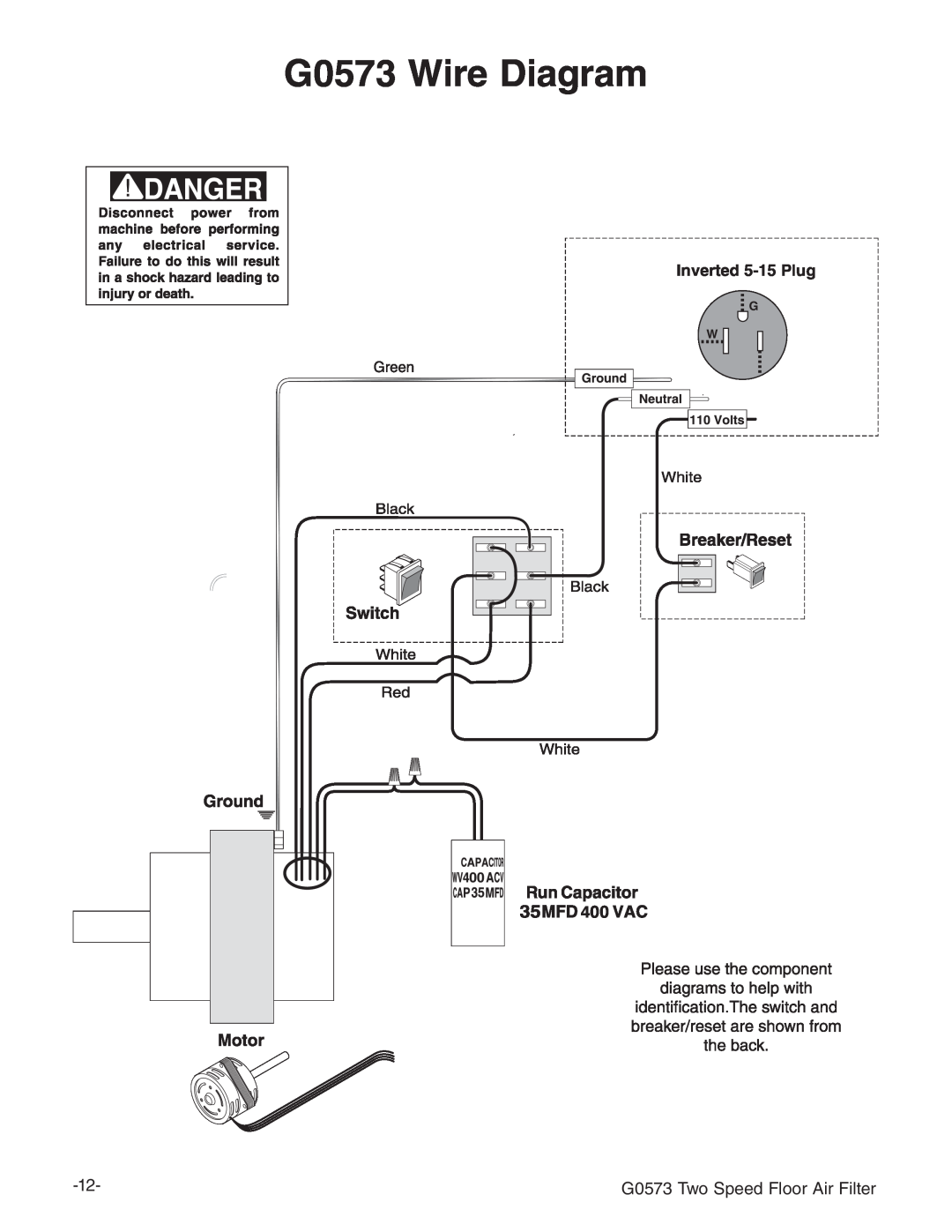 Grizzly instruction manual G0573 Wire Diagram, G0573 Two Speed Floor Air Filter 
