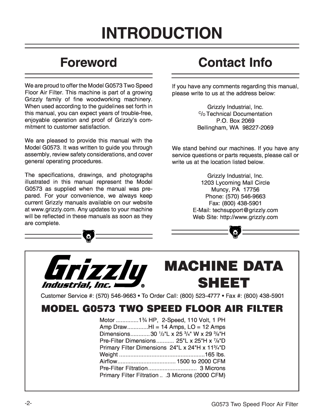 Grizzly Introduction, Foreword, Contact Info, MODEL G0573 TWO SPEED FLOOR AIR FILTER, Machine Data Sheet 