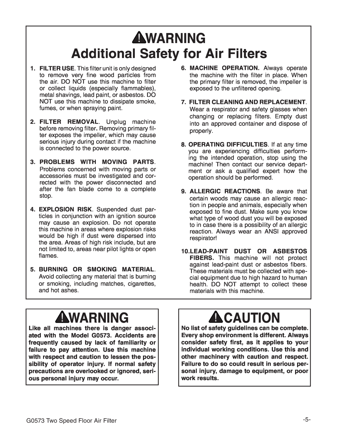 Grizzly G0573 instruction manual Additional Safety for Air Filters 