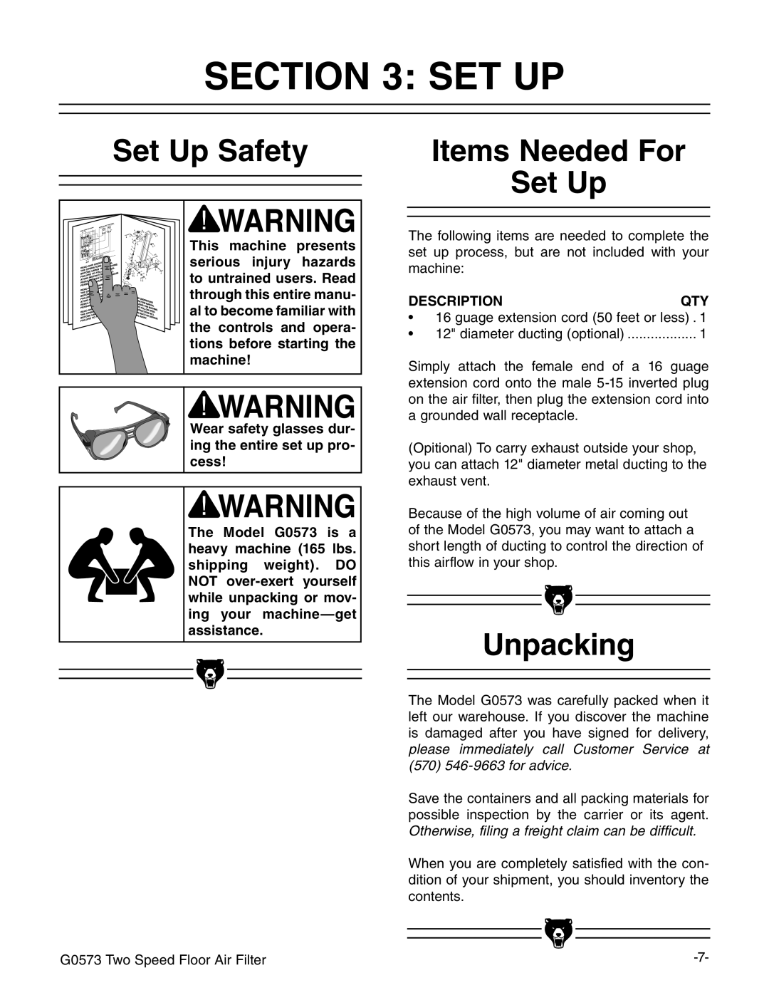 Grizzly G0573 instruction manual Set Up Safety, Items Needed For Set Up, Unpacking 