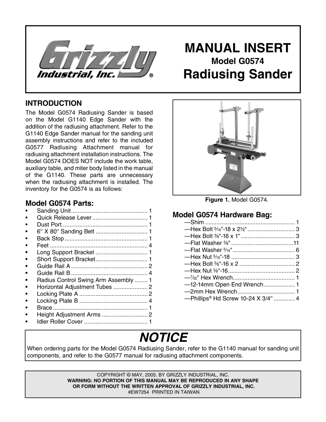 Grizzly G0574 installation instructions Manual Insert, Radiusing Sander 