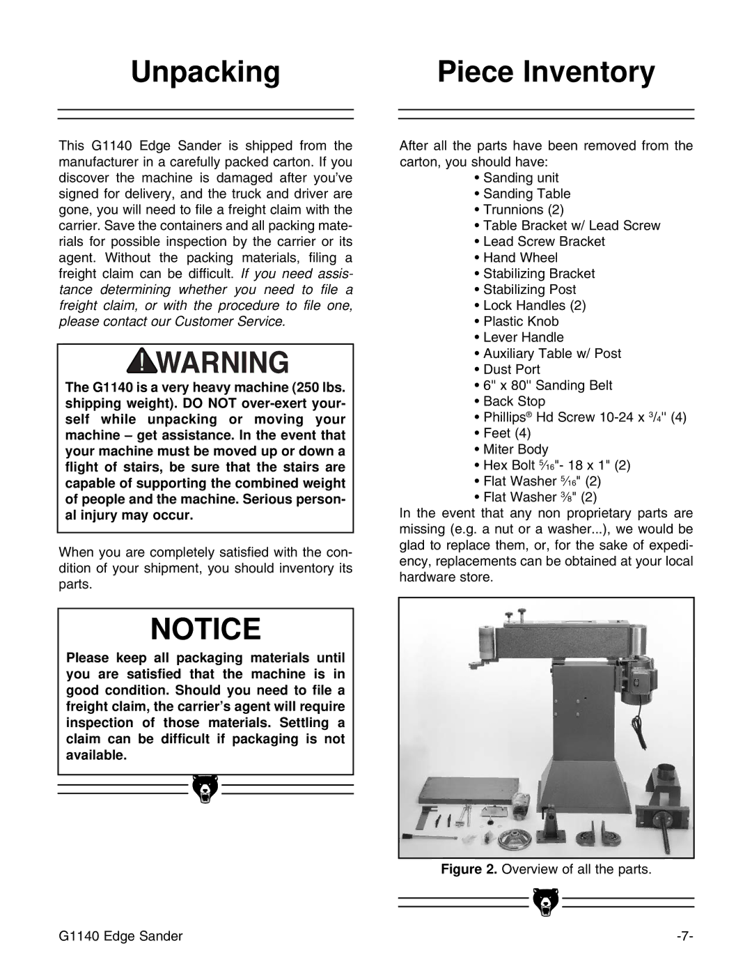 Grizzly G0574 installation instructions Unpacking, Piece Inventory 