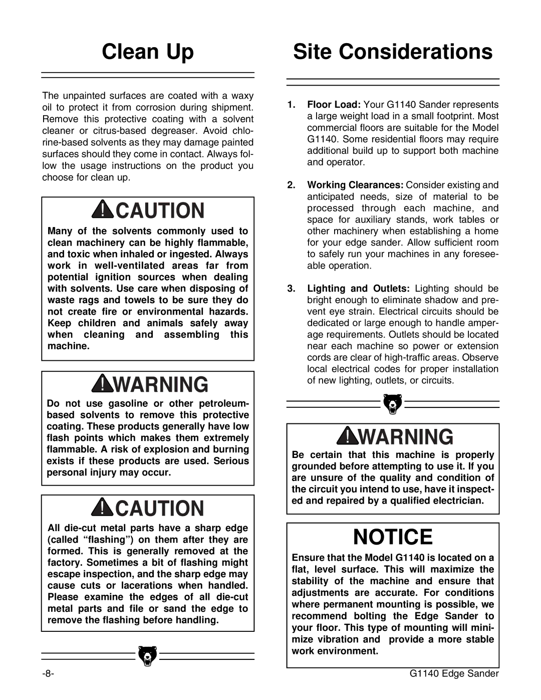 Grizzly G0574 installation instructions Clean Up Site Considerations 