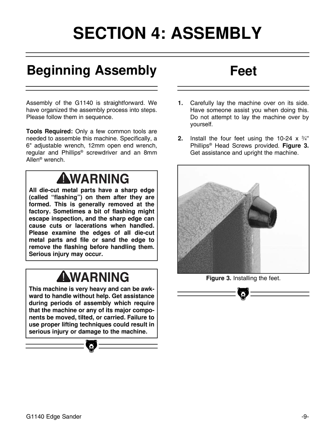 Grizzly G0574 installation instructions Beginning Assembly Feet 