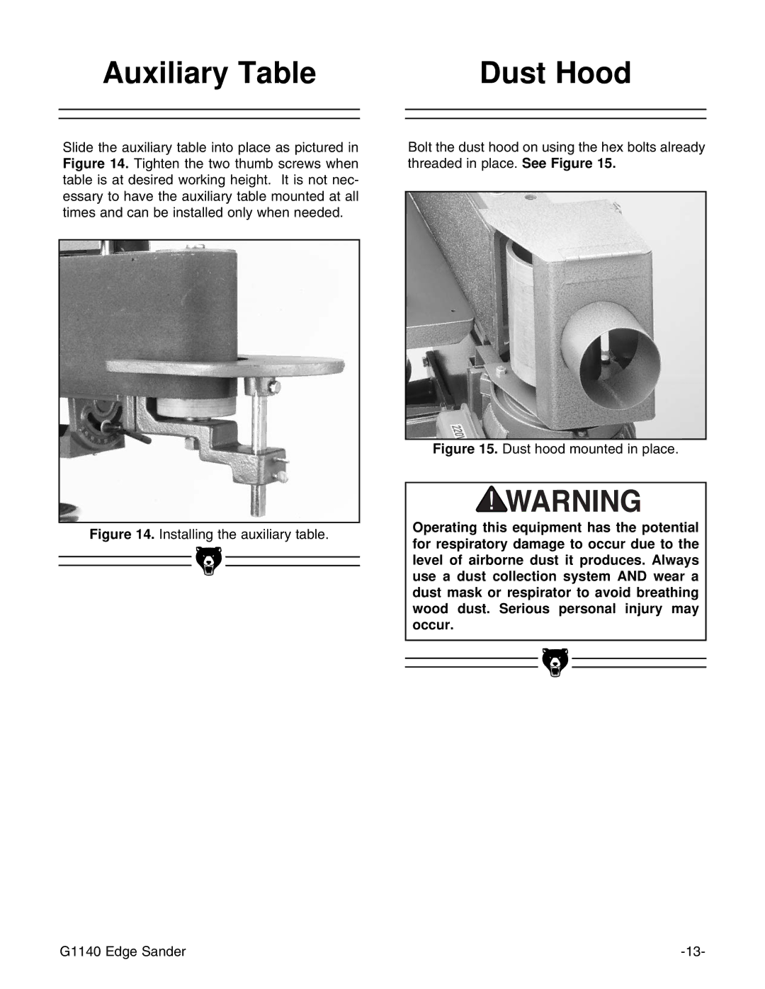 Grizzly G0574 installation instructions Auxiliary Table Dust Hood, Dust hood mounted in place 