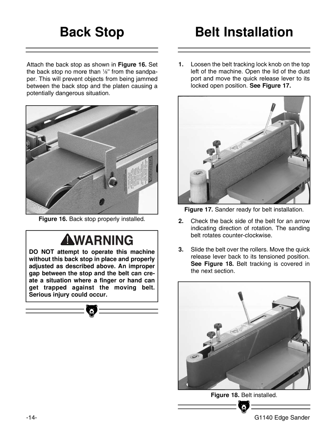 Grizzly G0574 installation instructions Back Stop Belt Installation, Back stop properly installed 