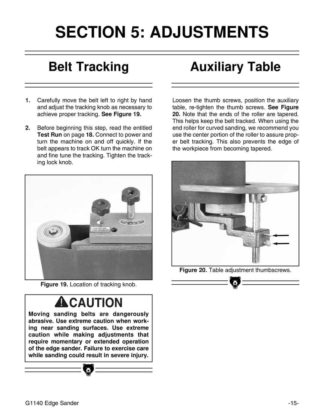 Grizzly G0574 installation instructions Adjustments, Belt Tracking Auxiliary Table 