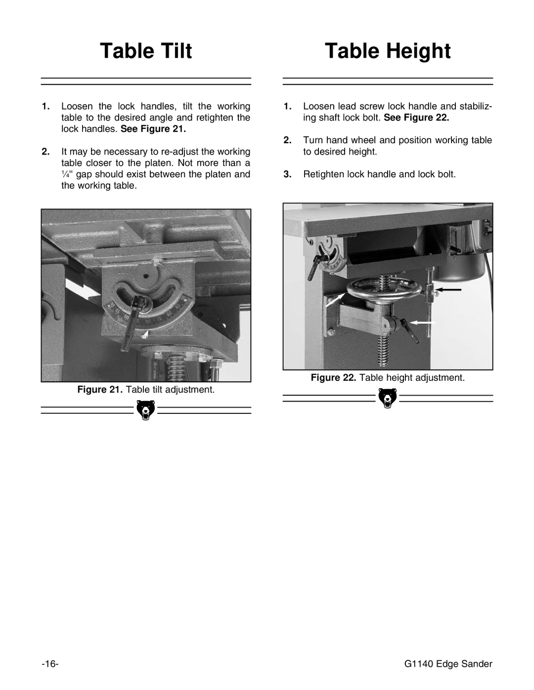 Grizzly G0574 installation instructions Table Tilt Table Height, Table height adjustment G1140 Edge Sander 