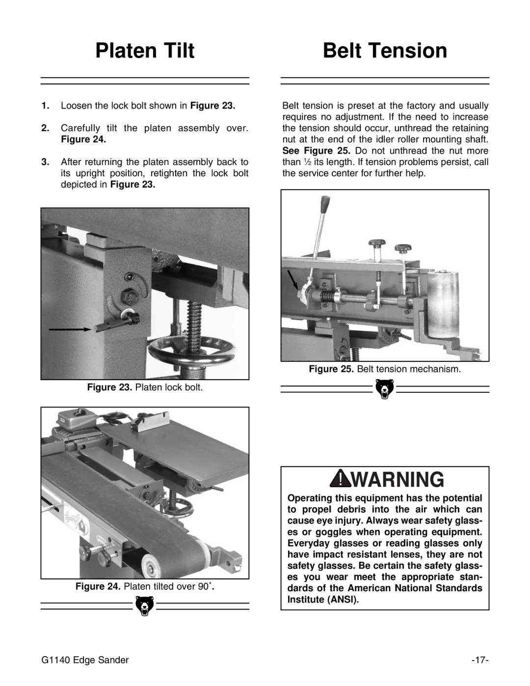 Grizzly G0574 installation instructions Platen Tilt Belt Tension, Platen lock bolt 