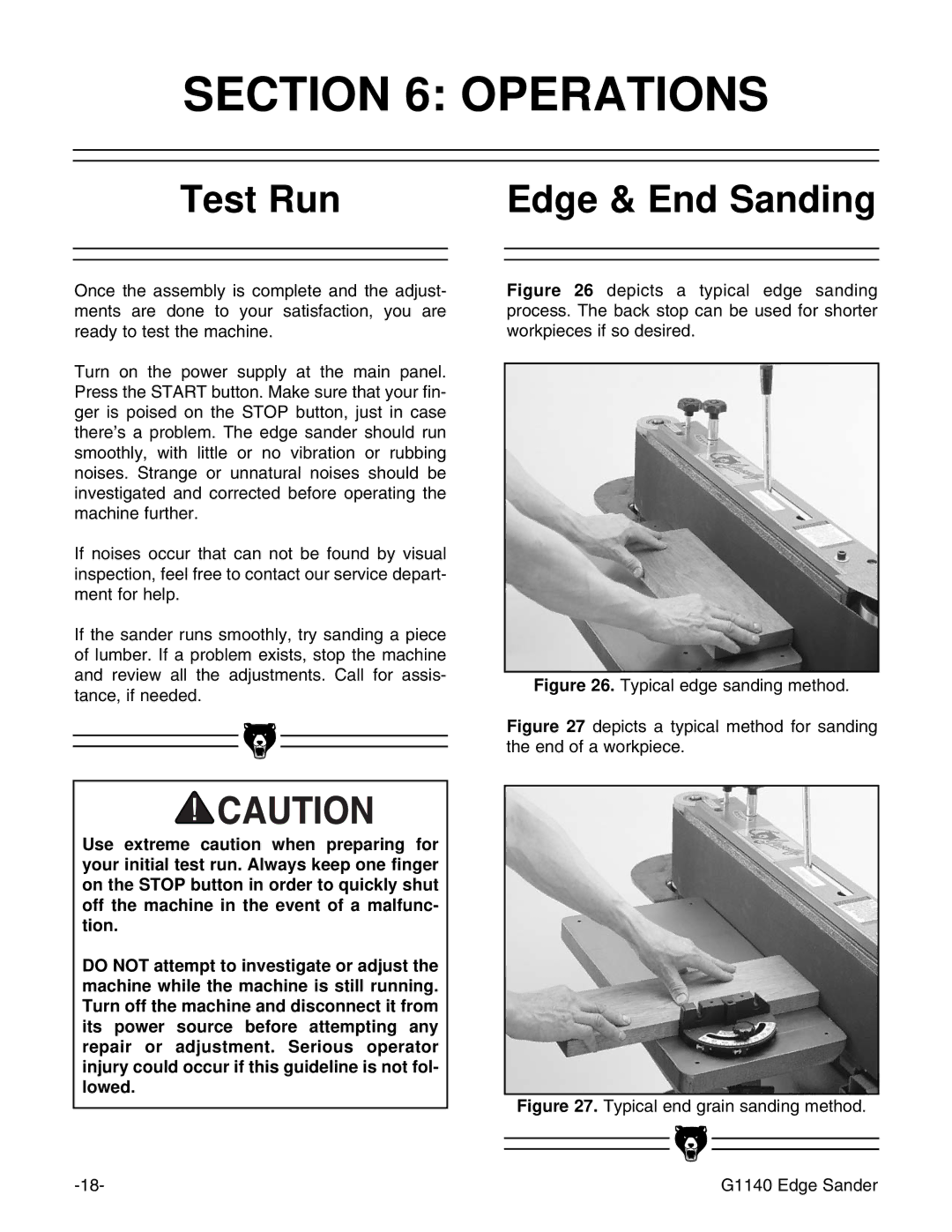 Grizzly G0574 installation instructions Operations, Test Run Edge & End Sanding 