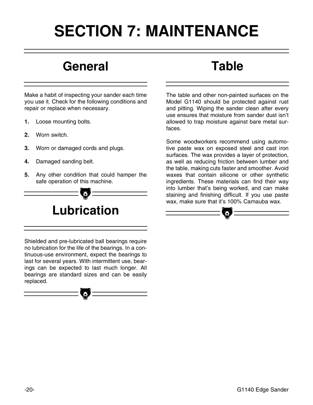 Grizzly G0574 installation instructions Maintenance, GeneralTable, Lubrication 