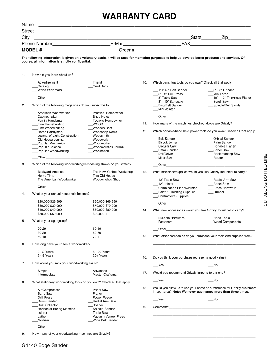 Grizzly G0574 installation instructions Warranty Card 