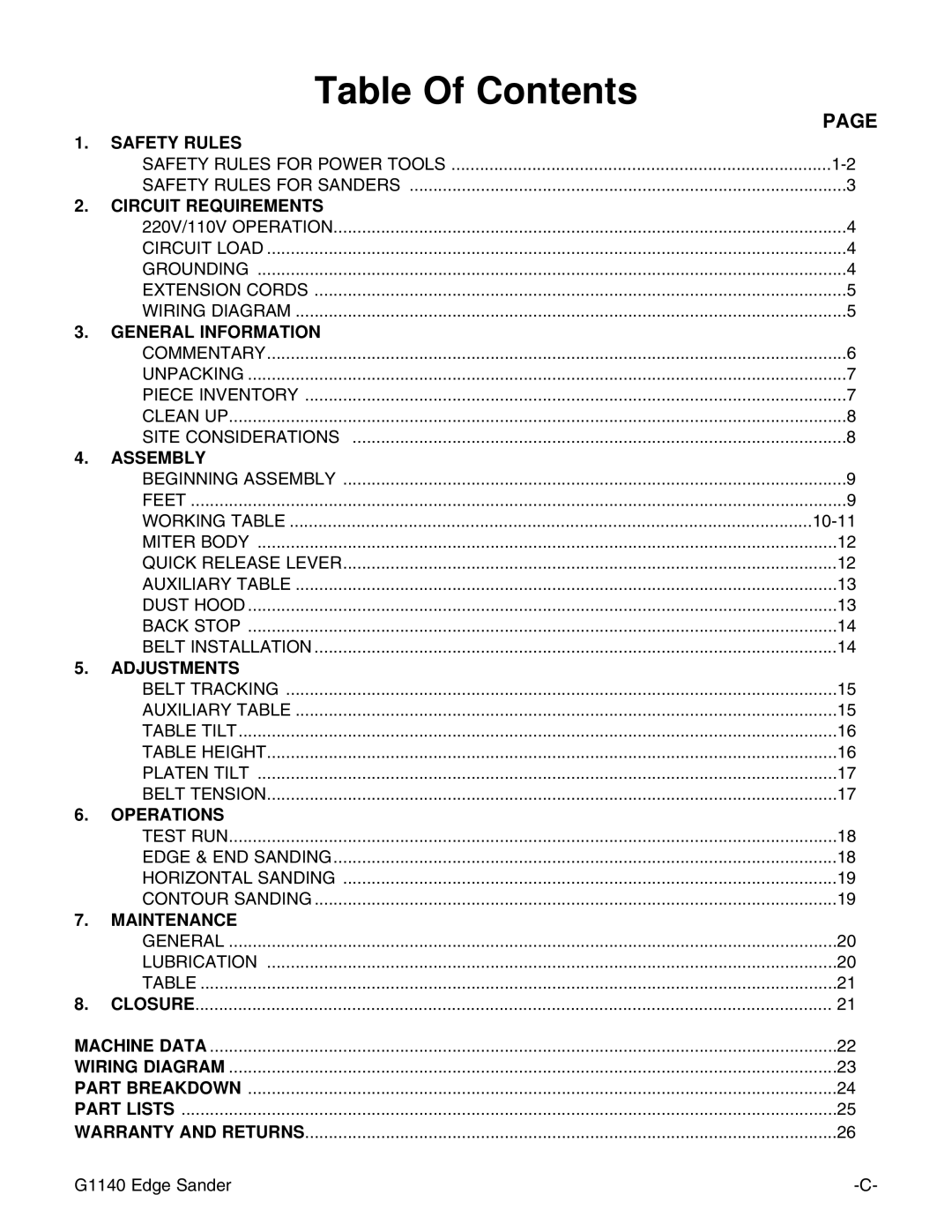 Grizzly G0574 installation instructions Table Of Contents 