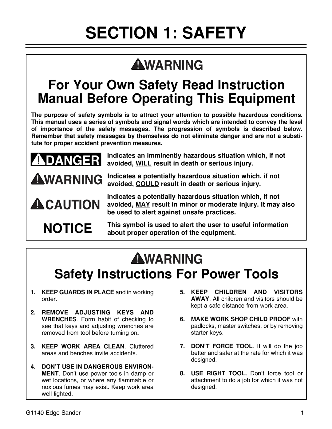 Grizzly G0574 installation instructions Safety Instructions For Power Tools 