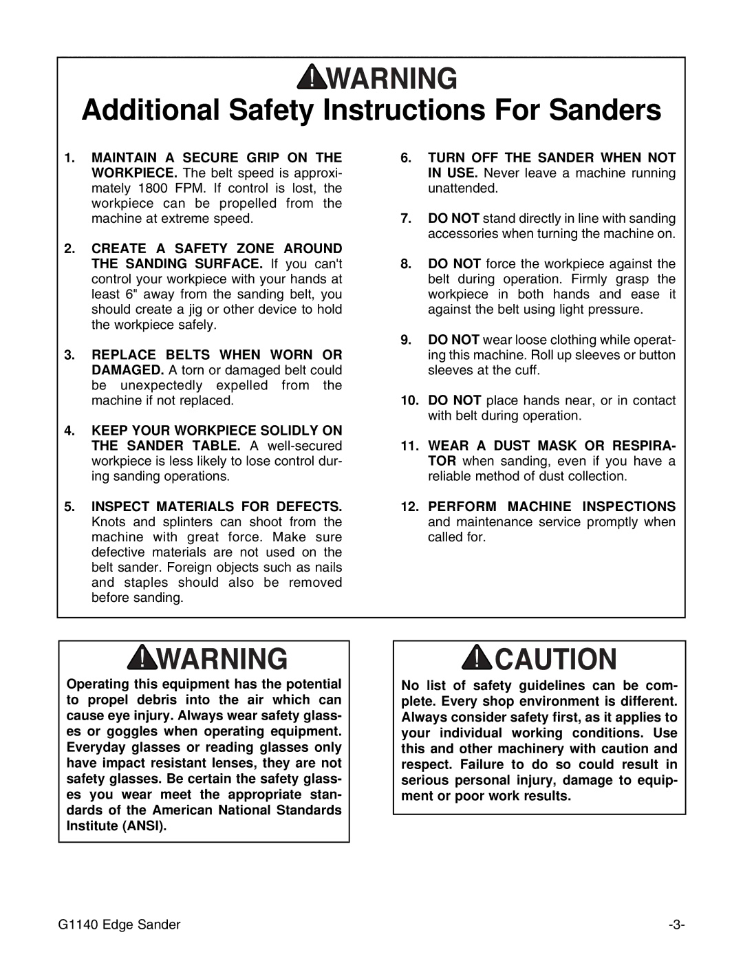 Grizzly G0574 installation instructions Additional Safety Instructions For Sanders 