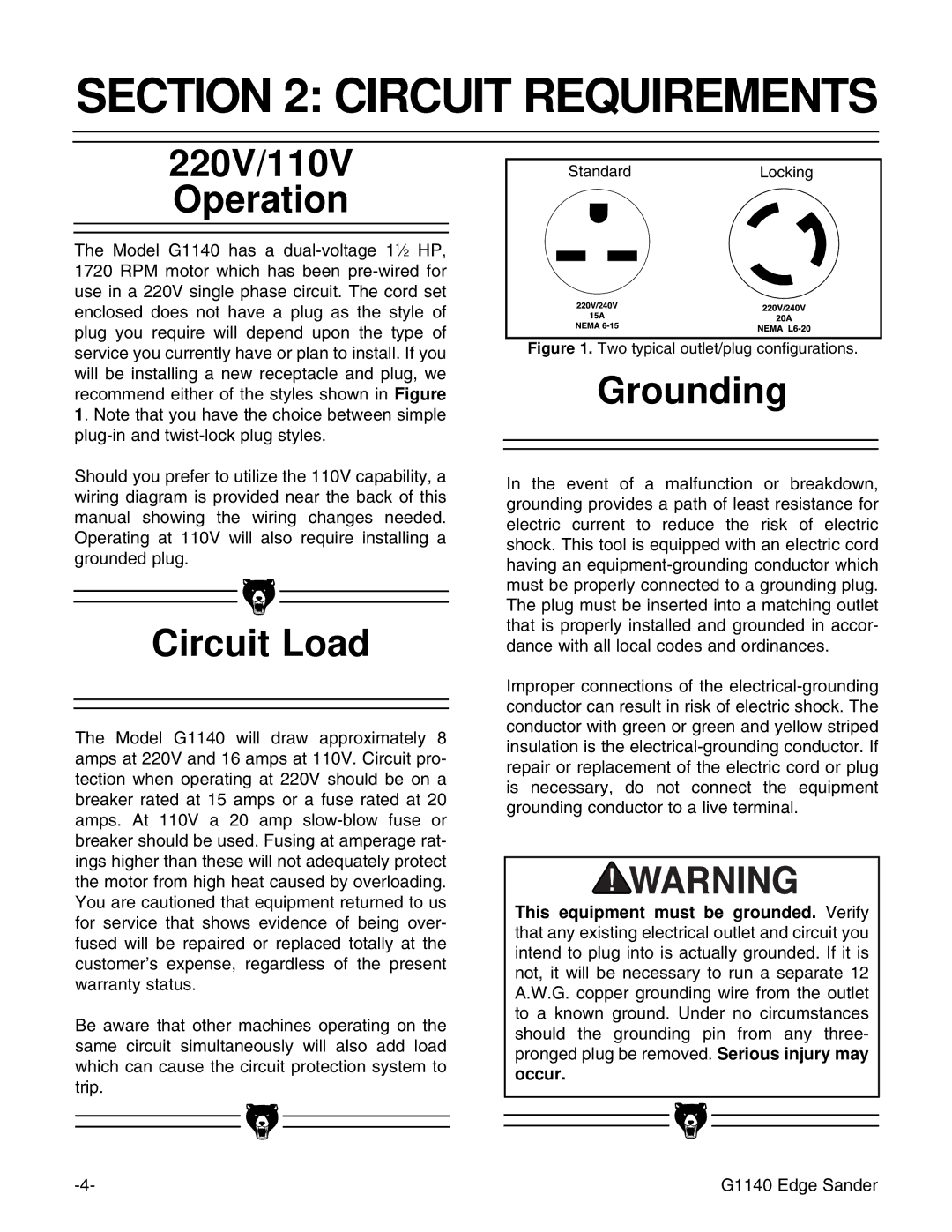 Grizzly G0574 installation instructions Circuit Requirements, 220V/110V Operation, Circuit Load, Grounding 