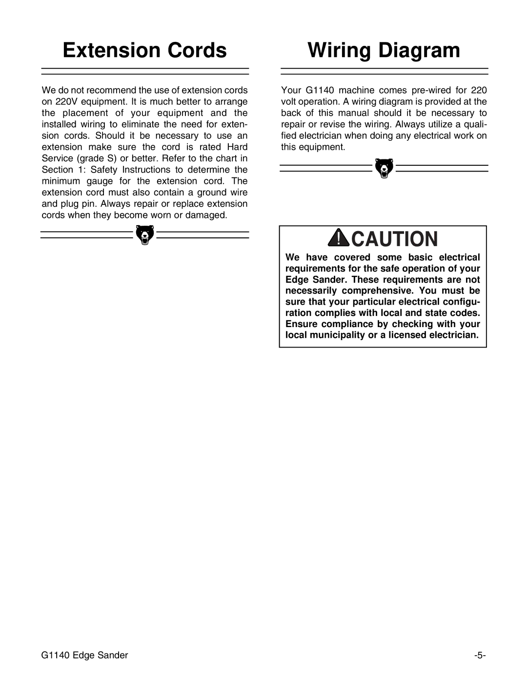 Grizzly G0574 installation instructions Extension Cords Wiring Diagram 