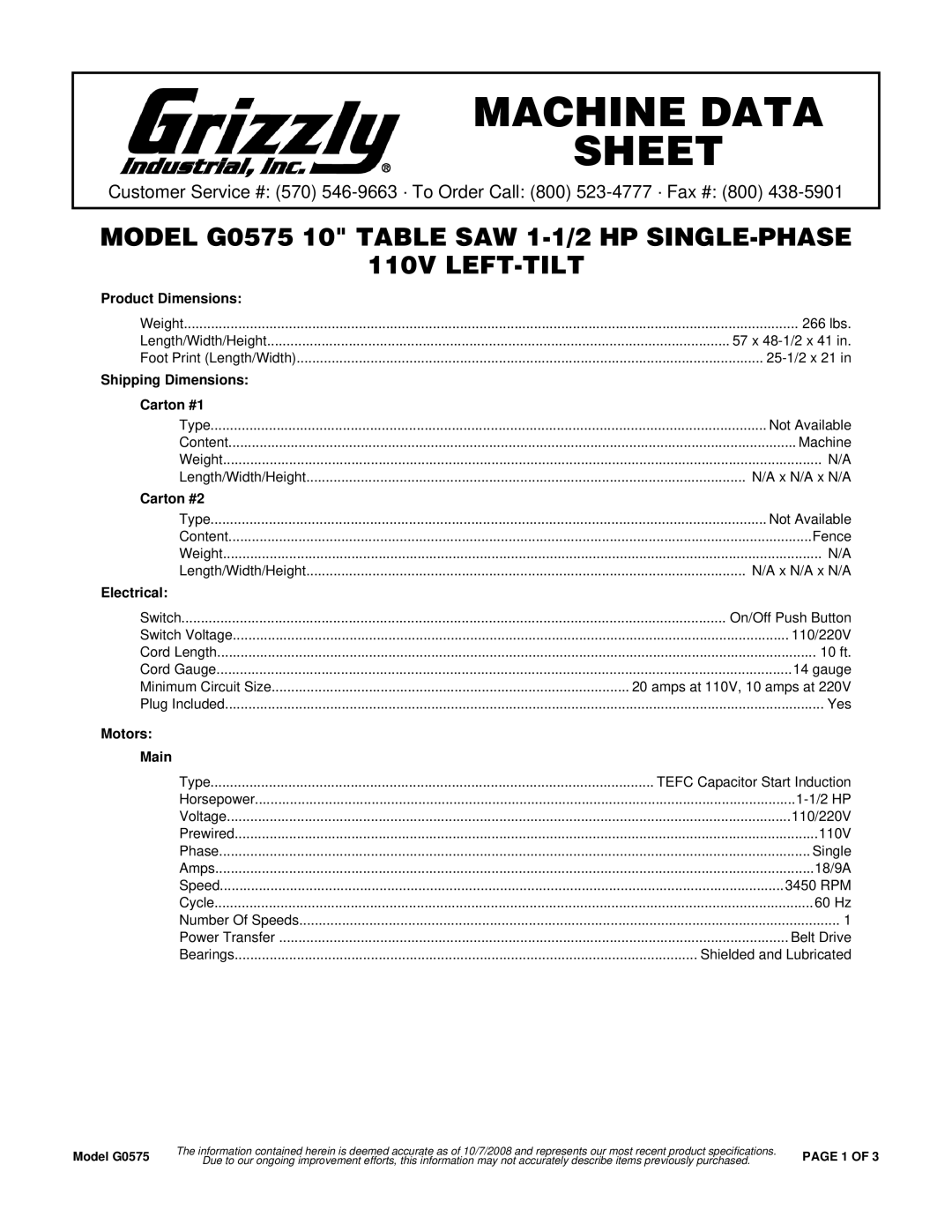 Grizzly G0575 specifications Product Dimensions, Shipping Dimensions Carton #1, Carton #2, Electrical, Motors Main 