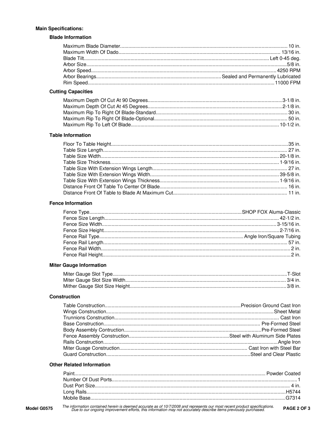 Grizzly G0575 Main Specifications Blade Information, Cutting Capacities, Table Information, Fence Information 