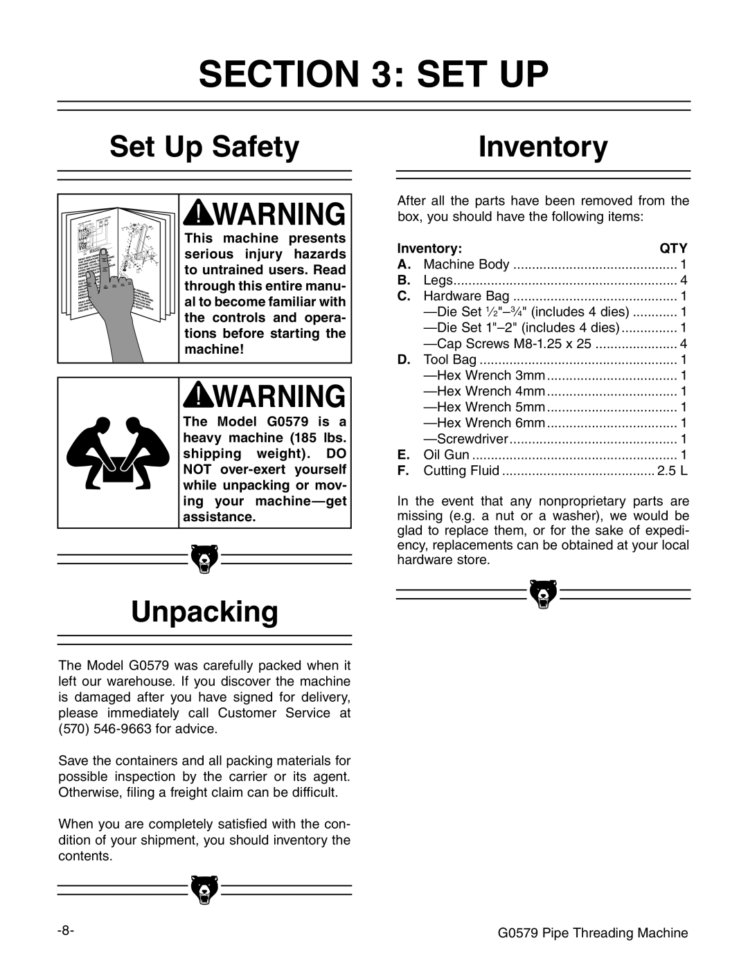 Grizzly G0579 manual #4/. 3%4, 3ETT5P 3AFETY, 5NPACKING, Nventory 