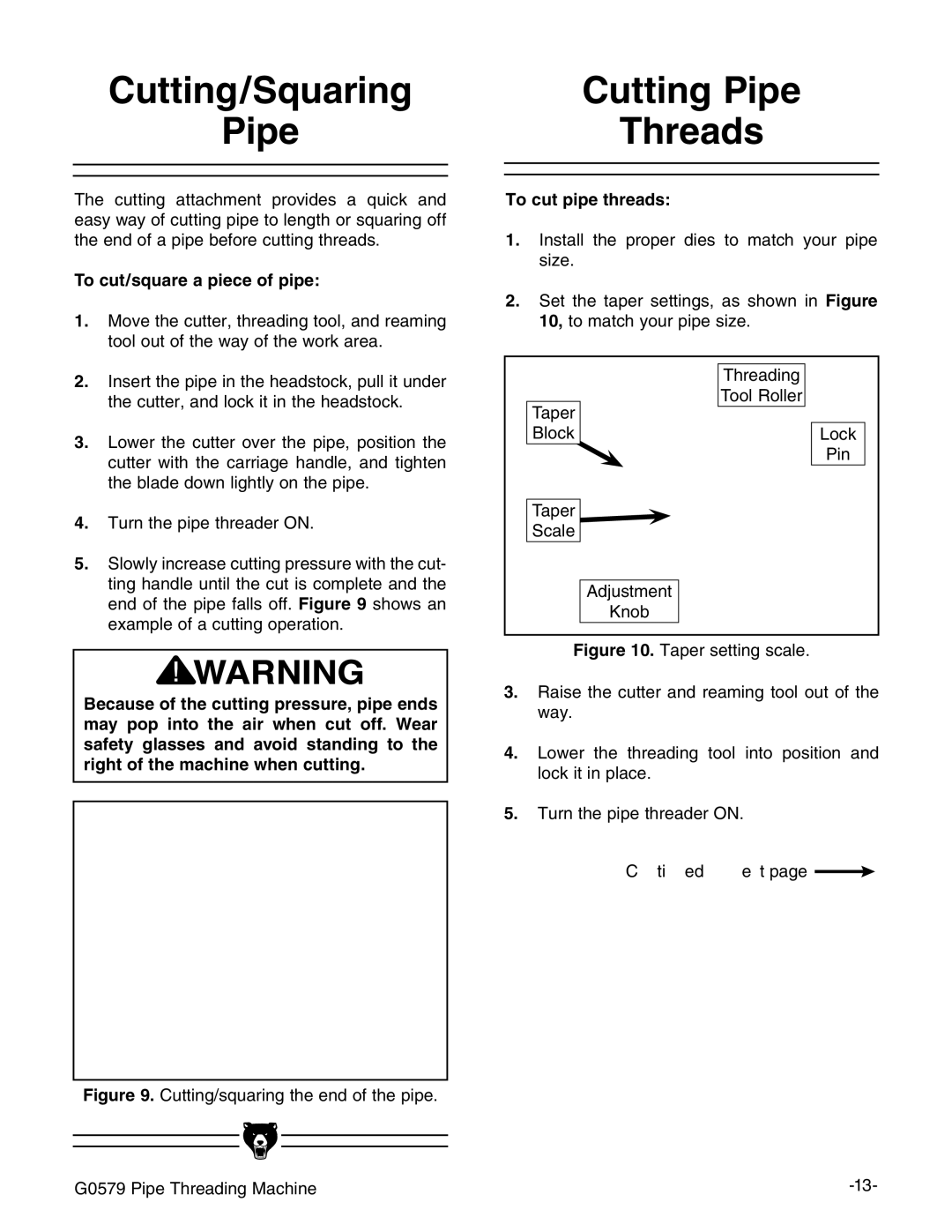 Grizzly G0579 manual #UTTING3QUARING 0IPE, #UTTING 0IPE 4HREADS, 4O CUTSQUAREEAAPIECEEOF PIPE, 4O Cutupipe THREADS 