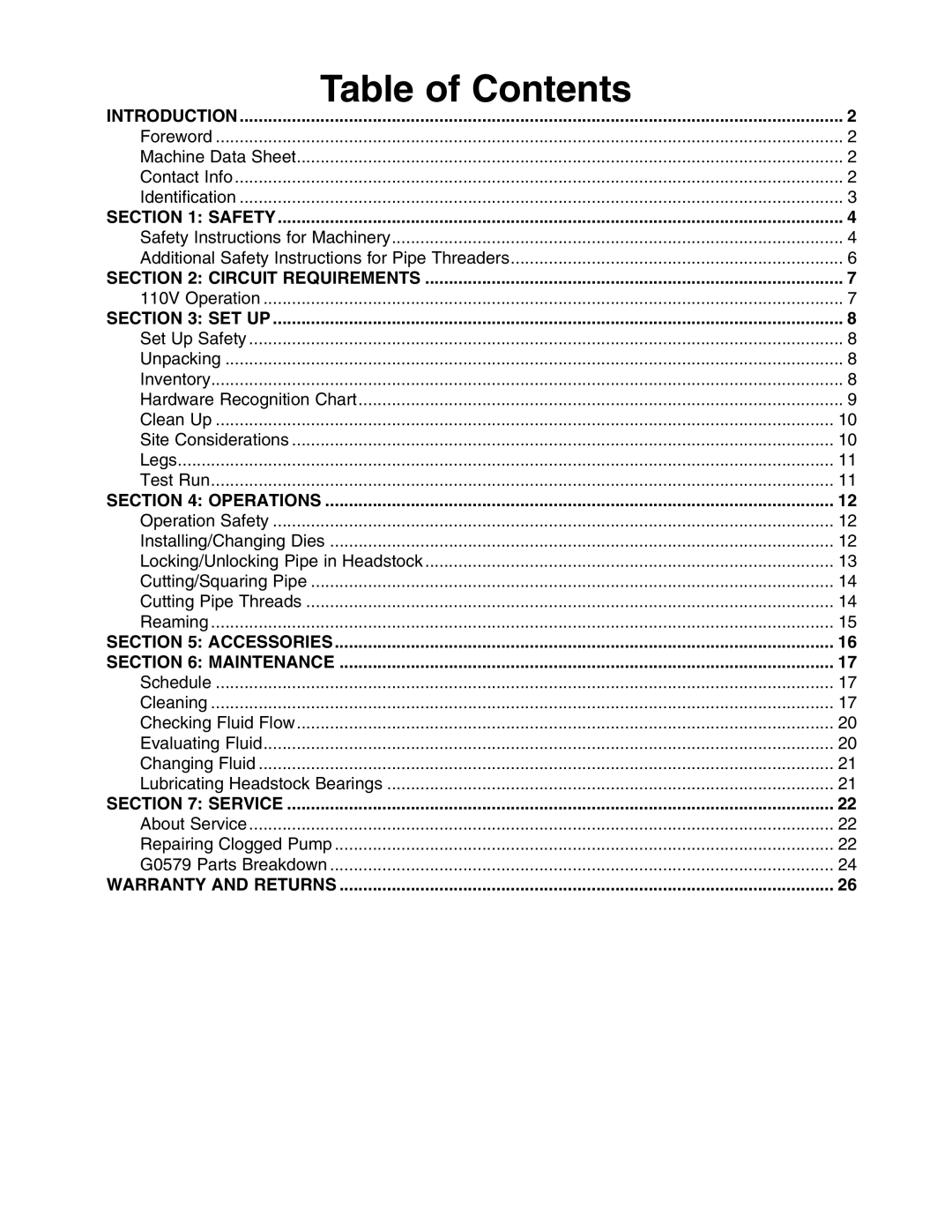 Grizzly G0579 manual 4ABLE of #ONTENTS 