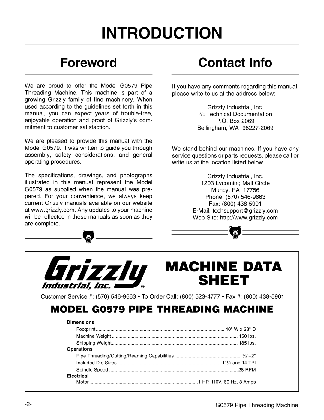 Grizzly G0579 manual 42/$5#4, Oreword, #Ontact Nfo 