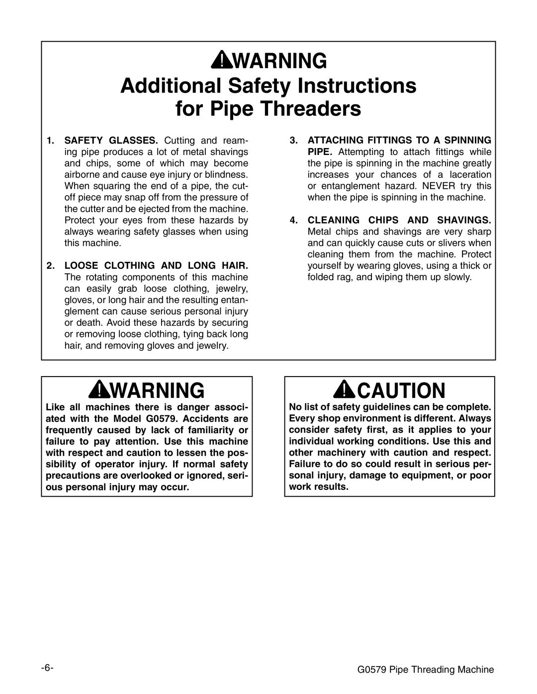 Grizzly G0579 manual Dditional 3AFETY Nstructions For 0IPE 4HREADERS 