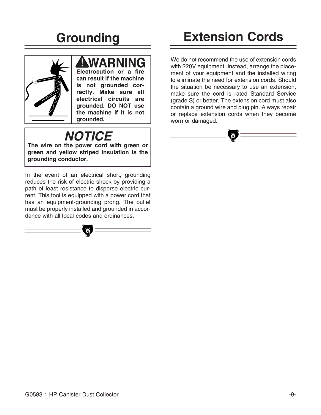 Grizzly G0583 instruction manual Grounding Extension Cords 