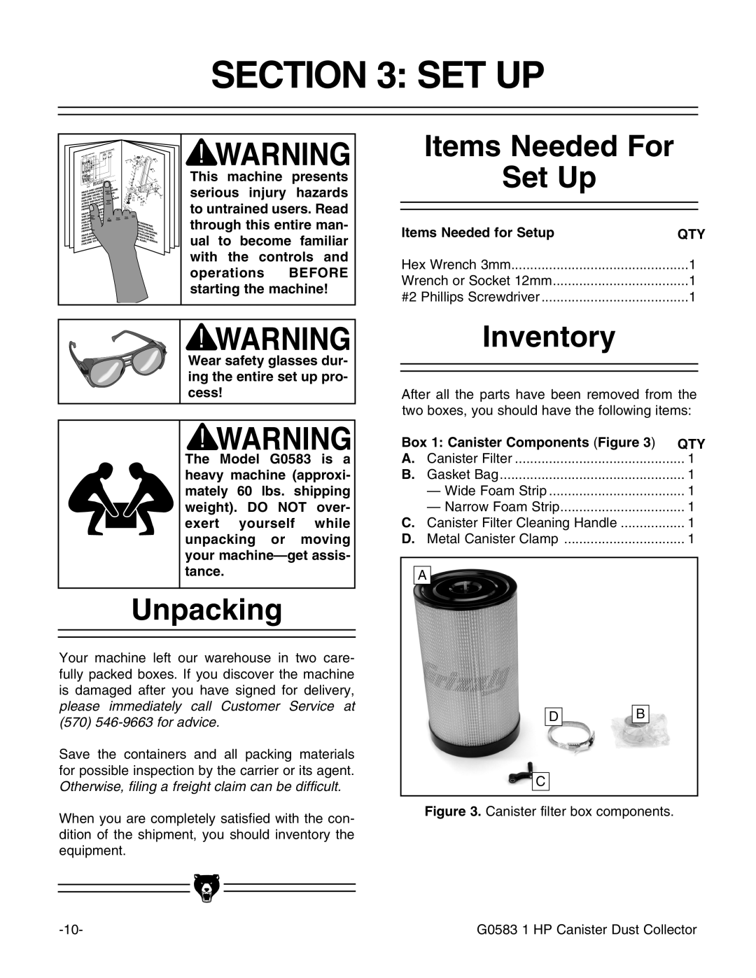 Grizzly G0583 instruction manual Unpacking, Items Needed For Set Up, Inventory 