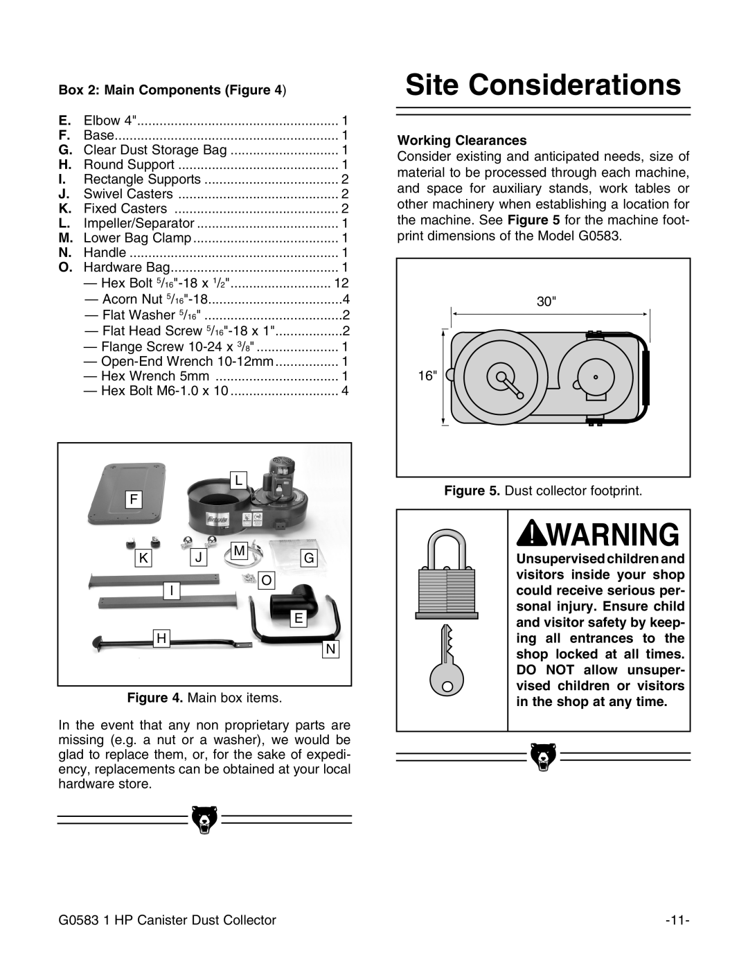 Grizzly G0583 instruction manual Site Considerations, Box 2 Main Components Figure, Working Clearances, Shop at any time 