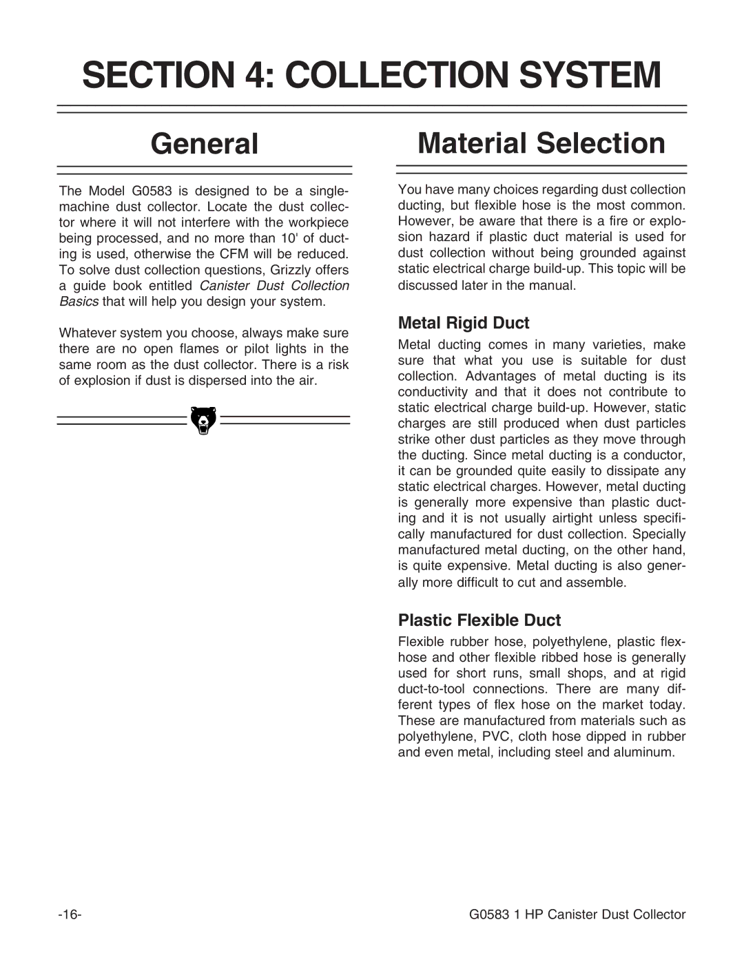 Grizzly G0583 instruction manual Collection System, General, Material Selection 