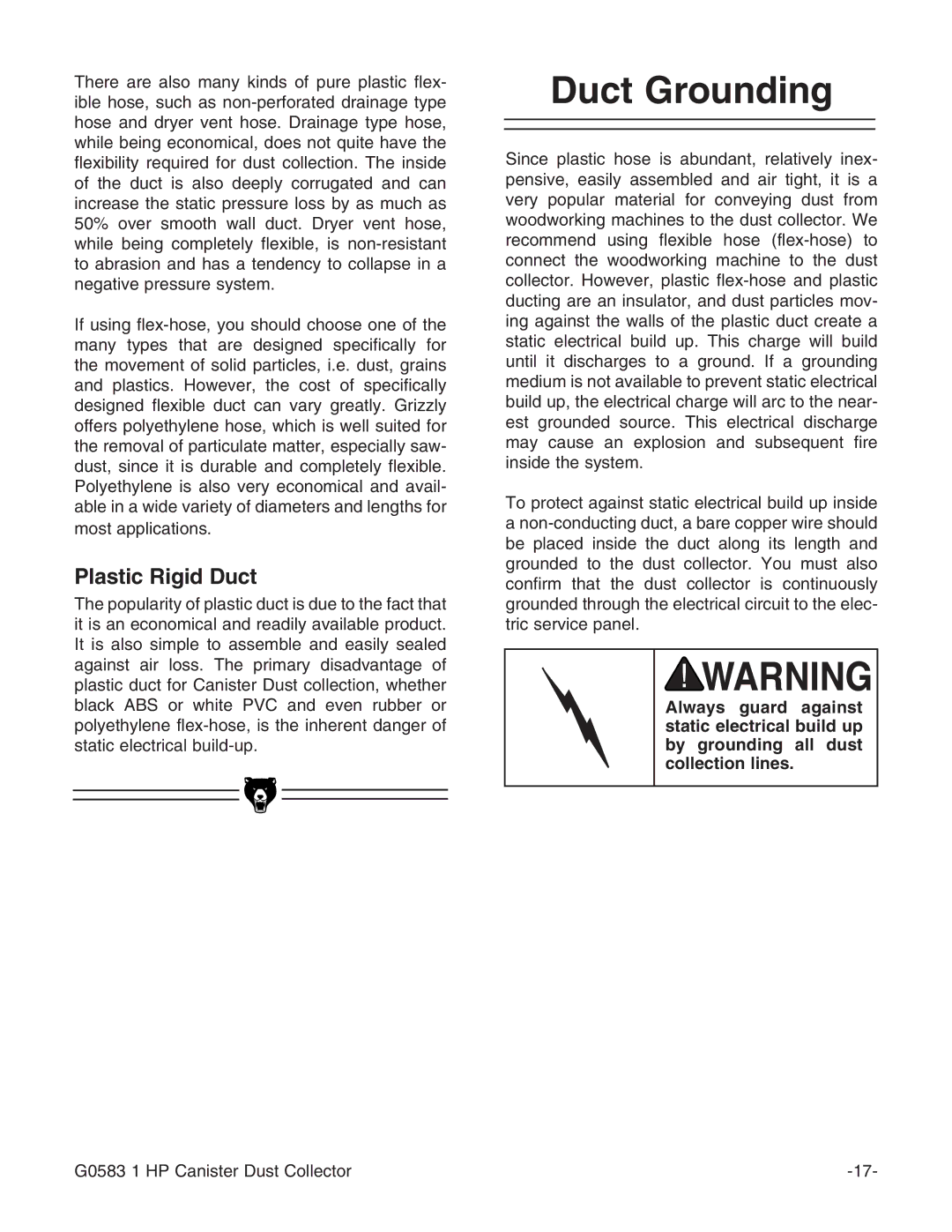 Grizzly G0583 instruction manual Duct Grounding, Plastic Rigid Duct 