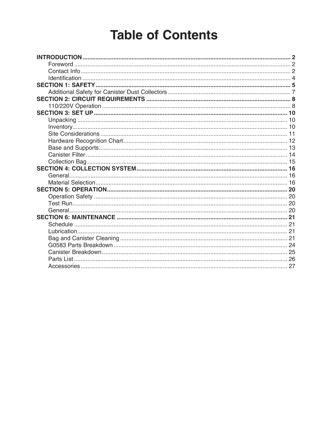 Grizzly G0583 instruction manual Table of Contents 