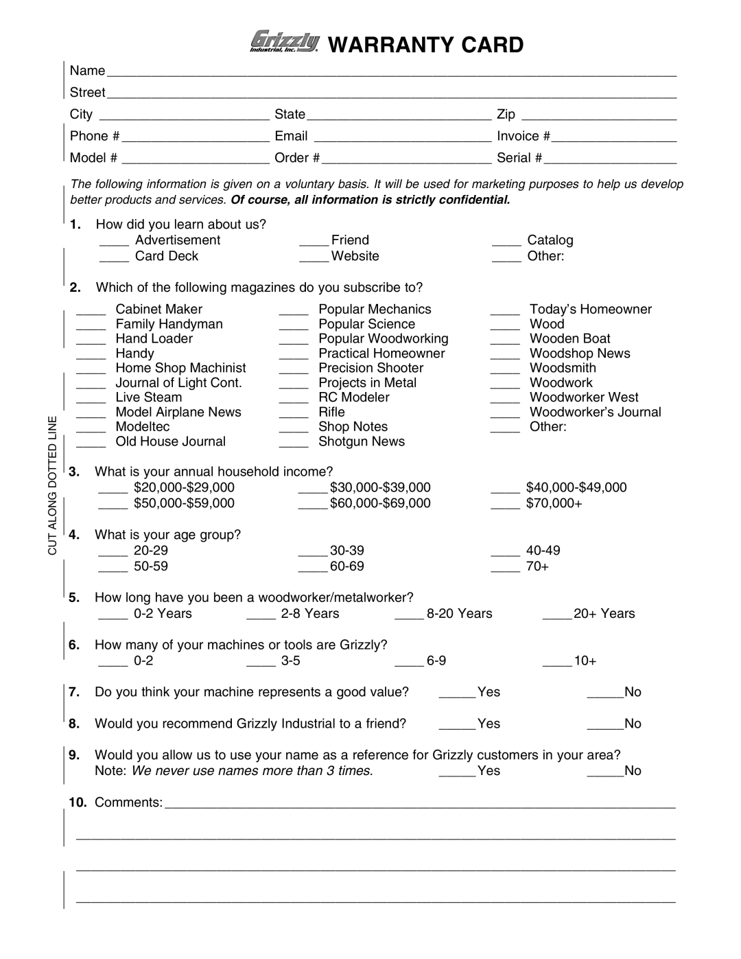 Grizzly G0583 instruction manual Warranty Card, Comments 