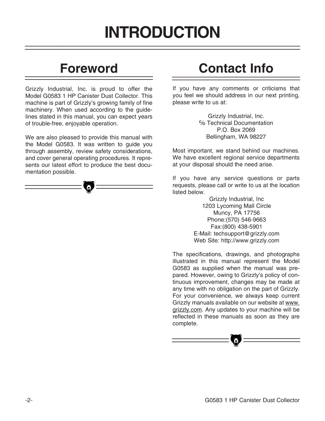 Grizzly G0583 instruction manual Introduction, Foreword, Contact Info 