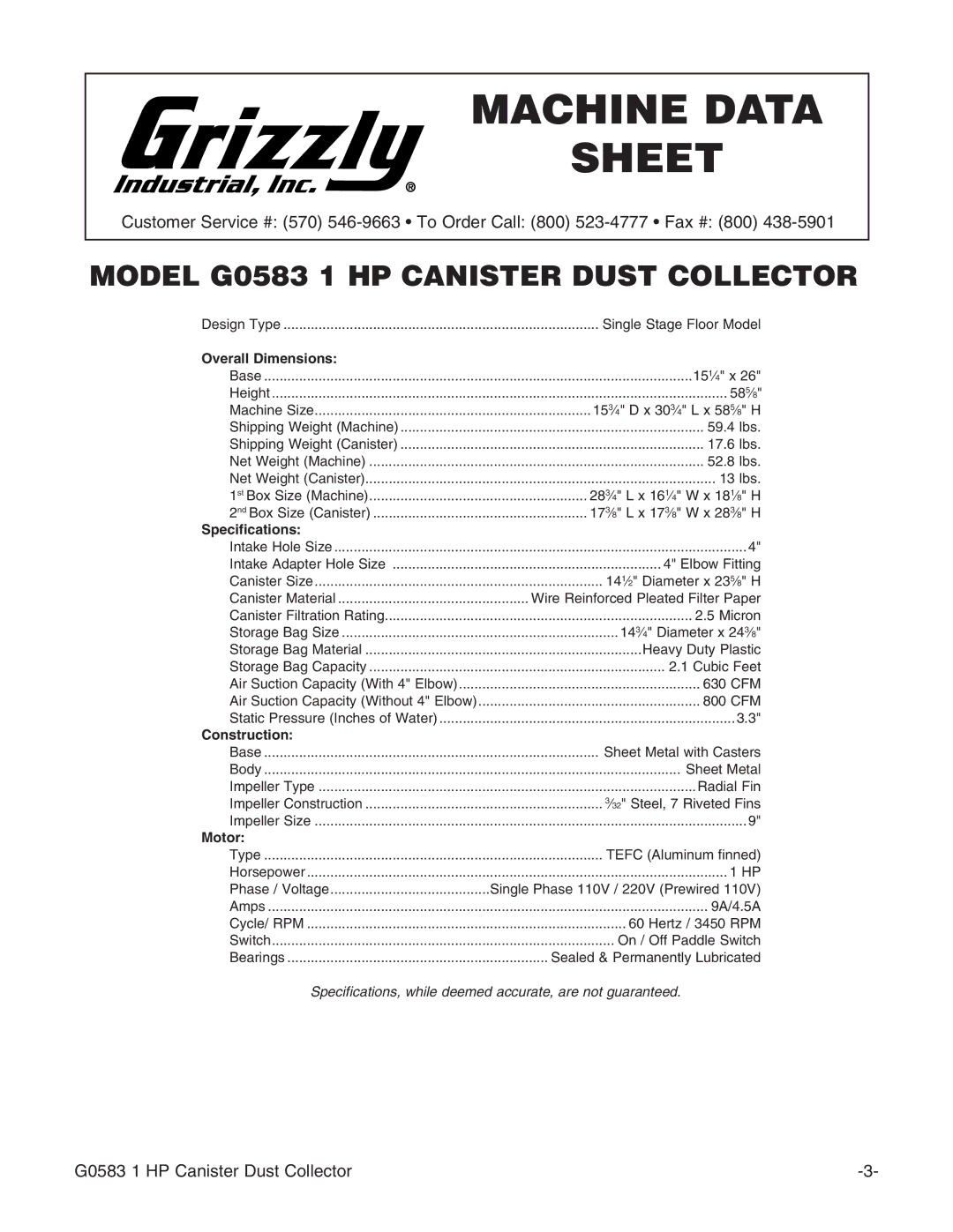 Grizzly G0583 instruction manual Machine Data Sheet 