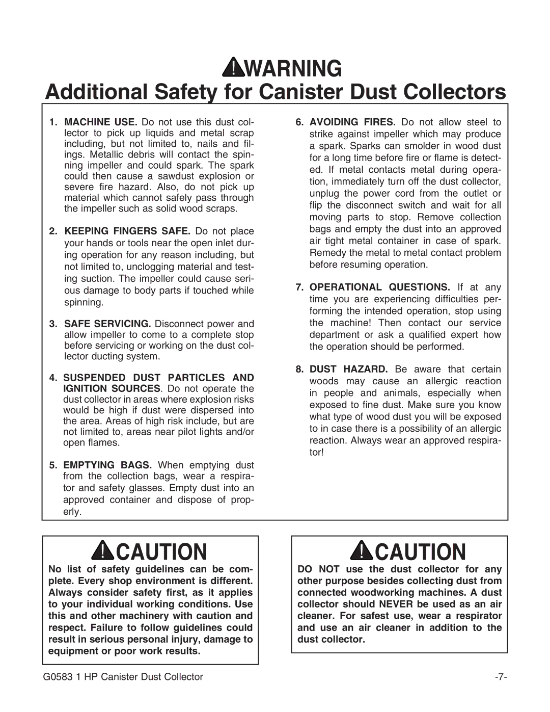 Grizzly G0583 instruction manual Additional Safety for Canister Dust Collectors 