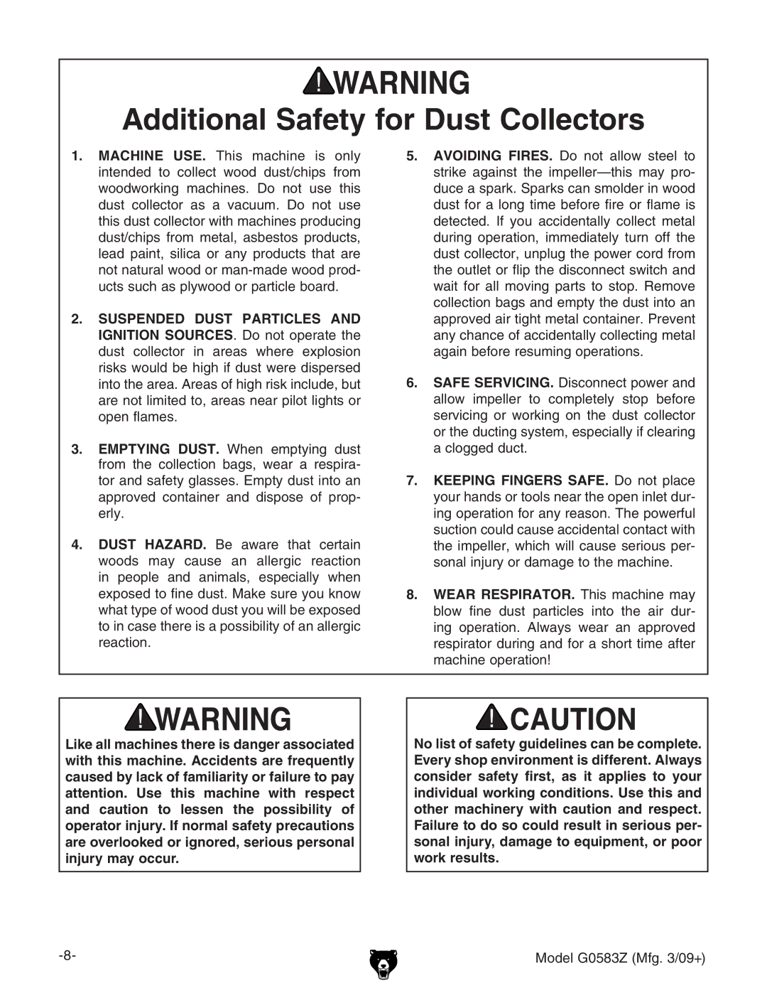 Grizzly G0583Z owner manual Additional Safety for Dust Collectors 