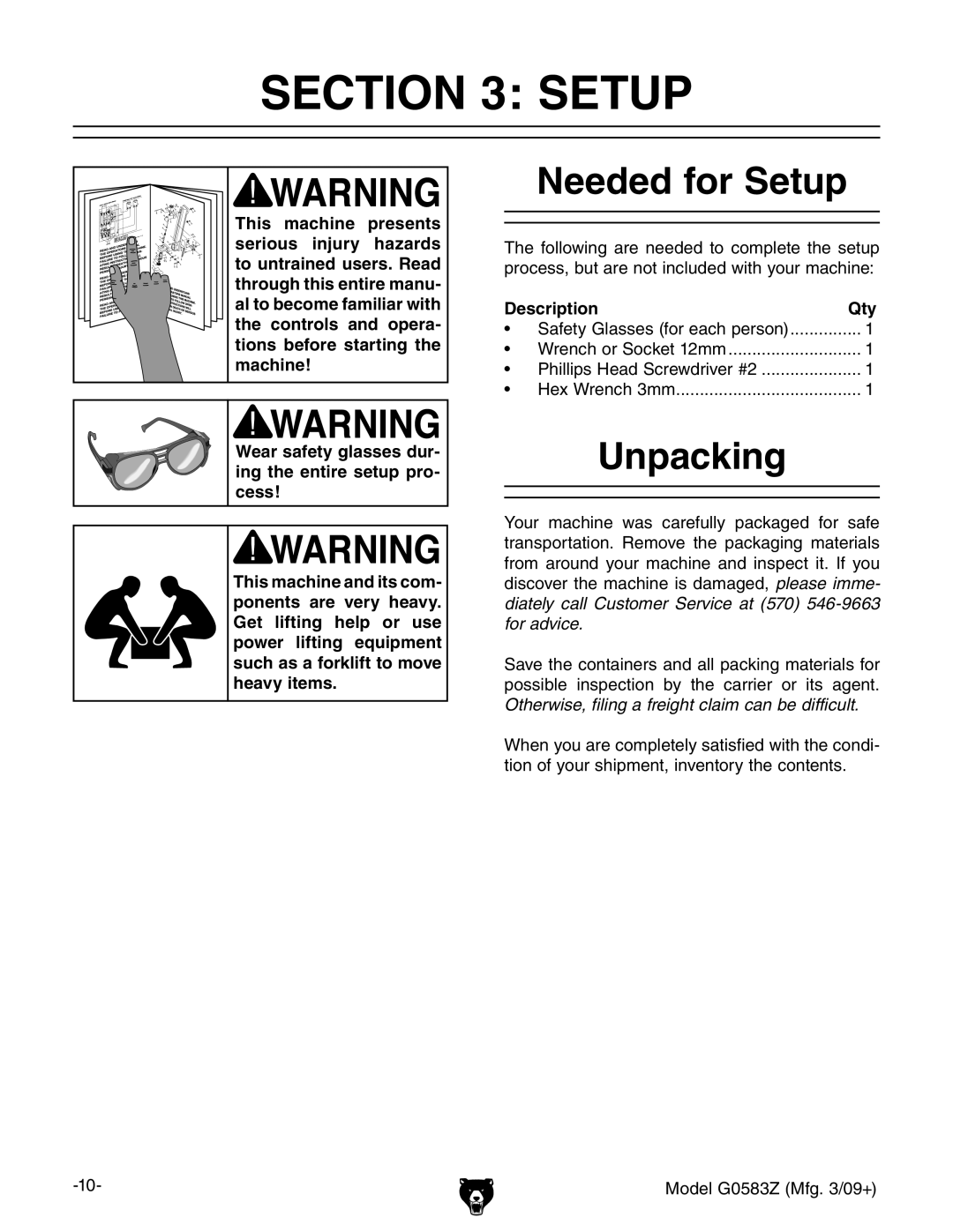 Grizzly G0583Z owner manual Needed for Setup, Unpacking, Description Qty 