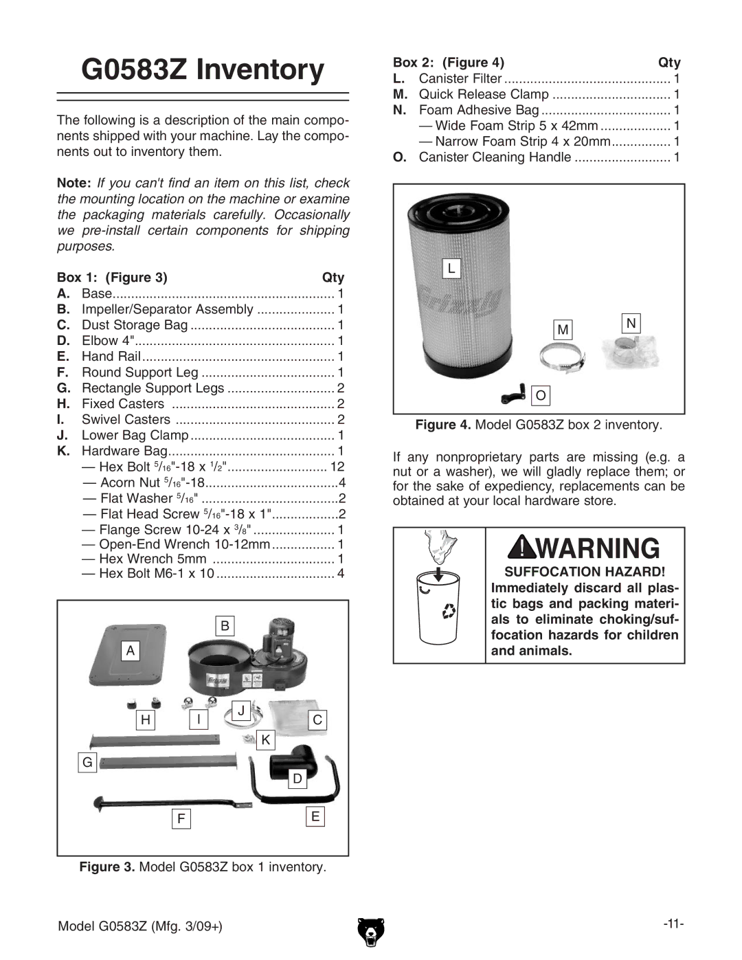 Grizzly owner manual G0583Z Inventory, Box 1 Figure Qty, Box 2 Figure Qty 