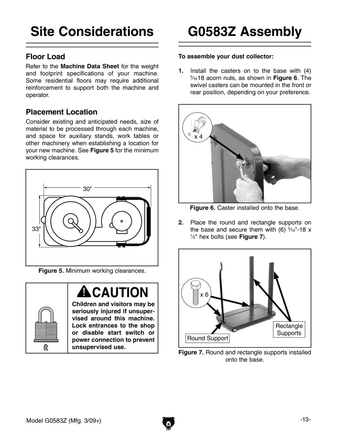 Grizzly owner manual Site Considerations, G0583Z Assembly, To assemble your dust collector 